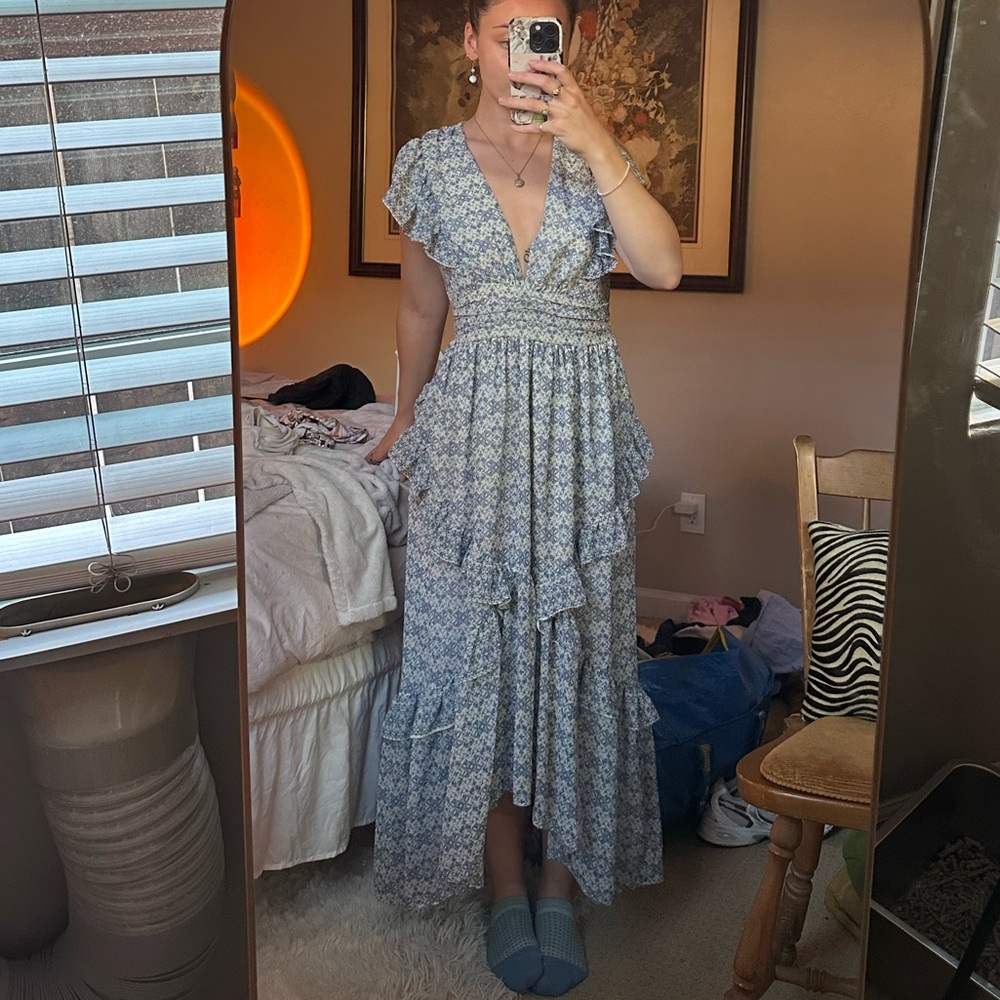 Floral Blue Maxi Dress ruffled layered